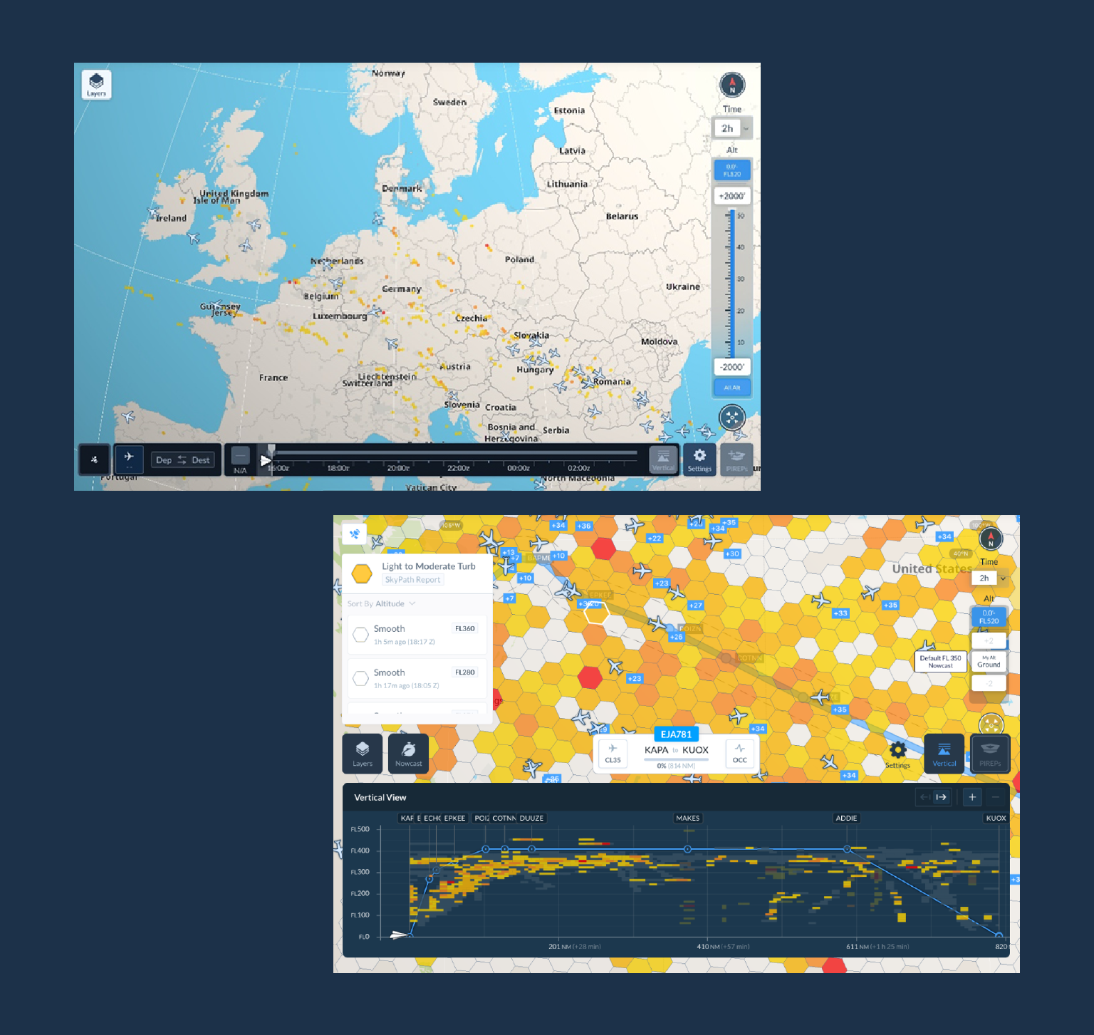 SkyPath turbulence identification app image showing range of turbulence expected along a specific flight path.